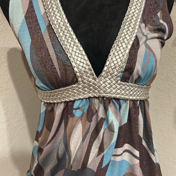 Vintage Self Esteem Brown and blue abstract print V-neck top with silver belting - Picture 3 of 7